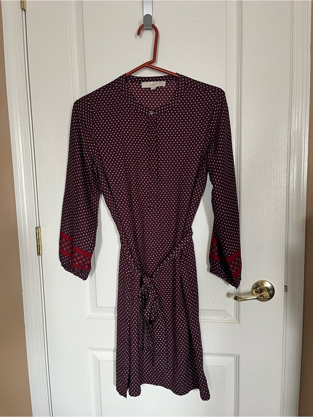 LOFT Burgundy Polka Dot Long Sleeve Tie-Waist Dress